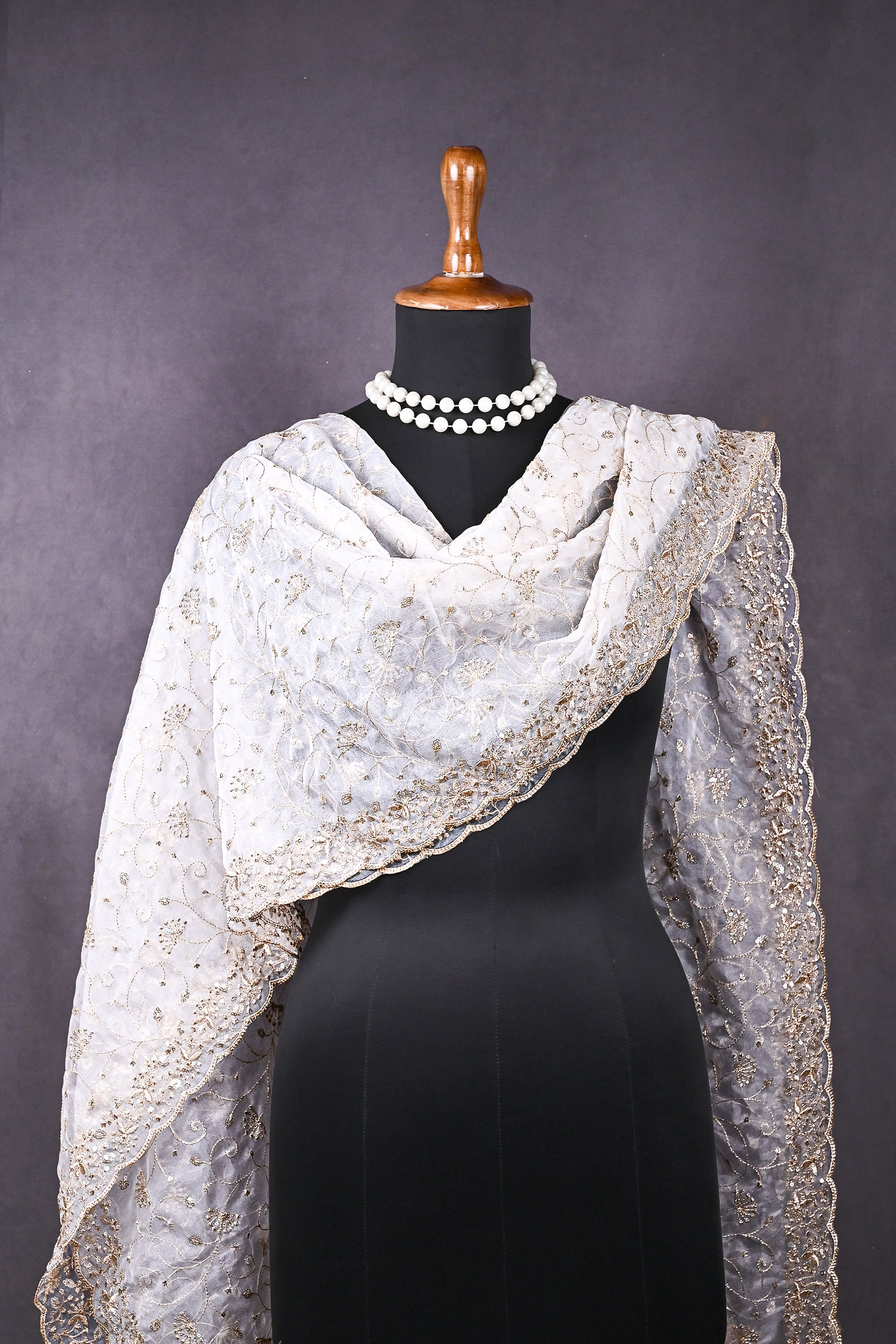 White Dyeable Organza Dupatta All Over Zari And Sequins Work 19293