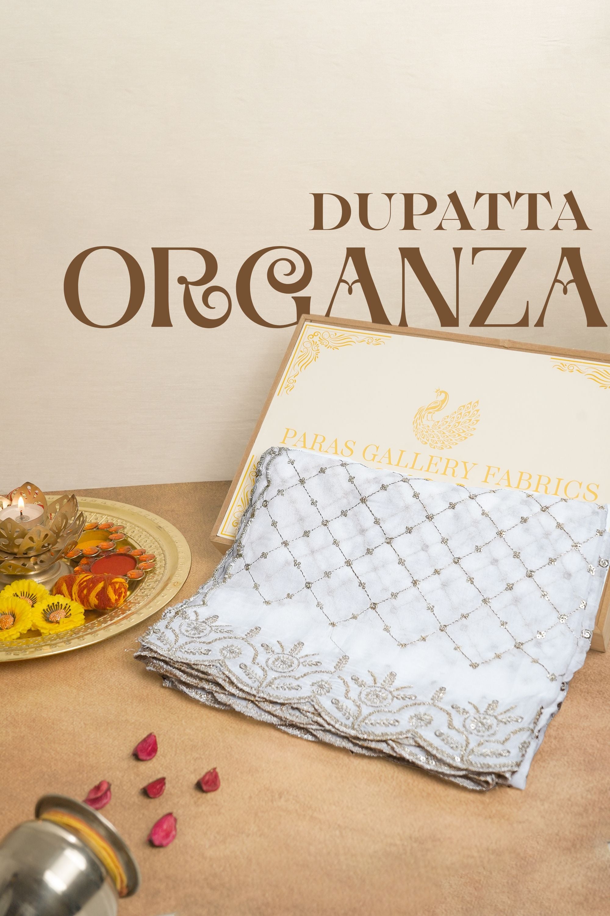 White Dyeable Organza Dupatta All Over Zari And Sequins Work 19295