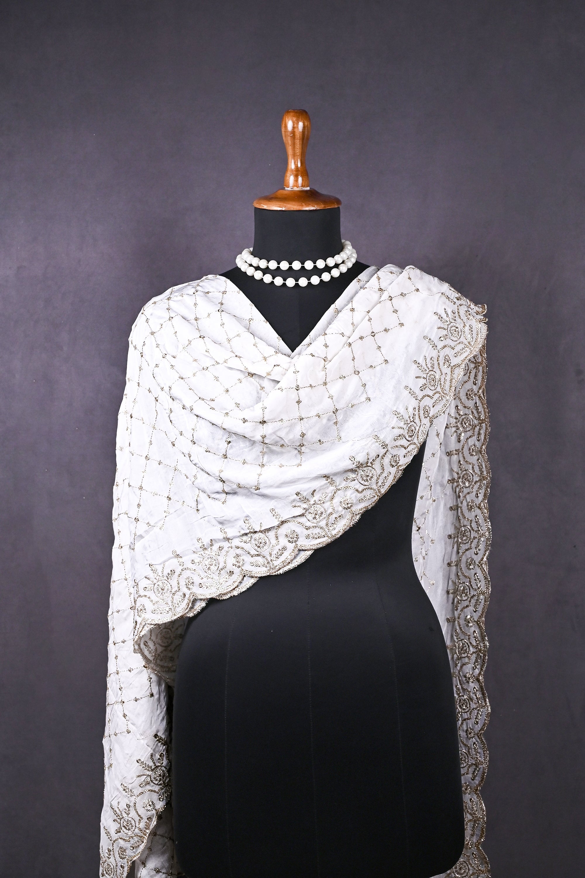 White Dyeable Organza Dupatta All Over Zari And Sequins Work 19295