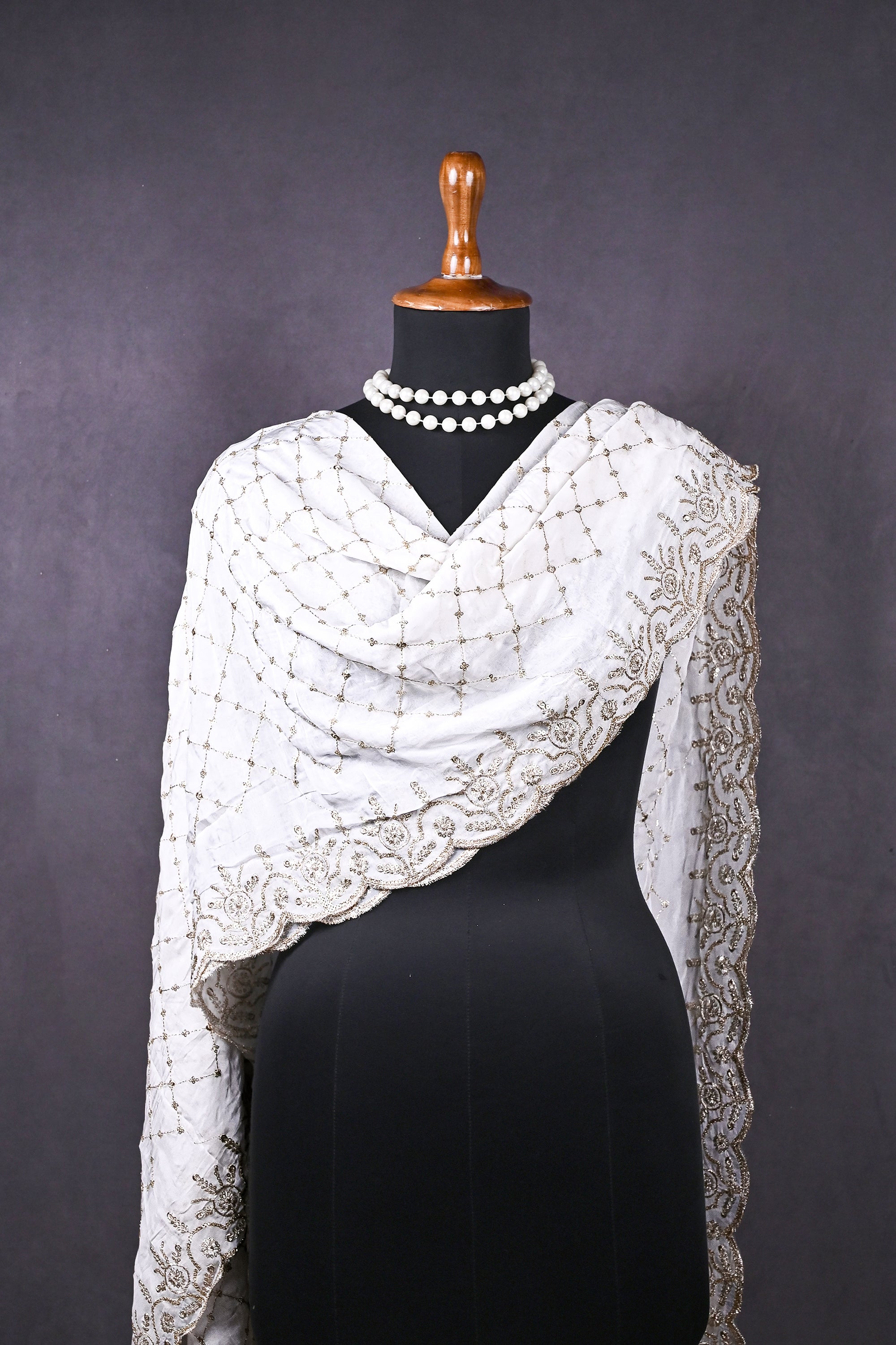 White Dyeable Organza Dupatta All Over Zari And Sequins Work 19295