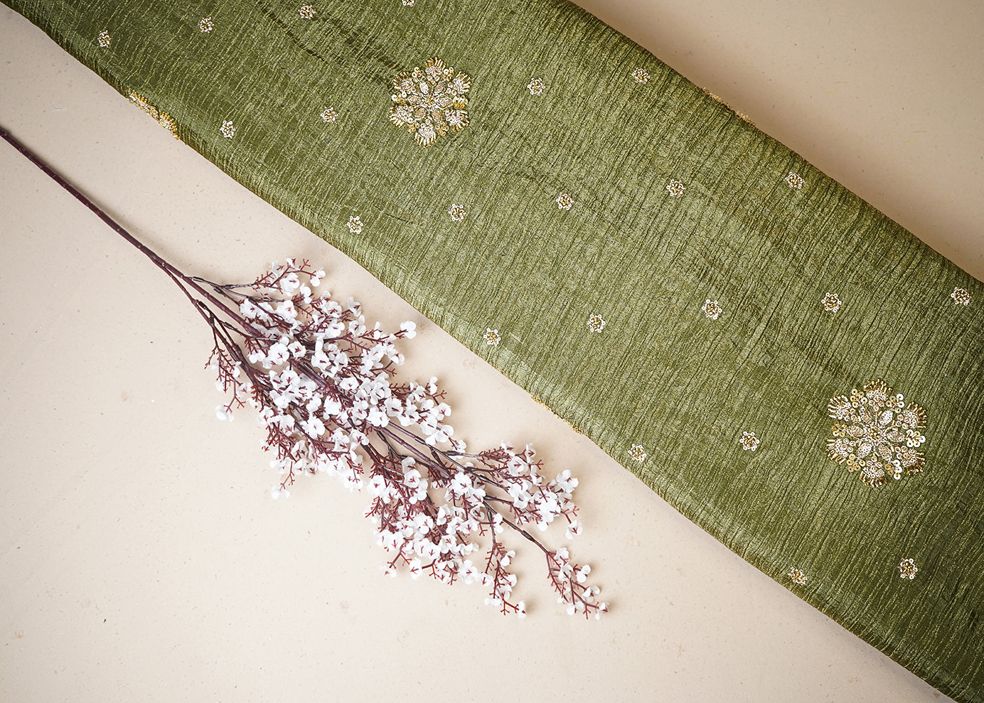 Mehendi Green Tissue Fabric With All Over Floral Print And Sequins, Zari, Bead, Katdana Work With Two Side Border 19296