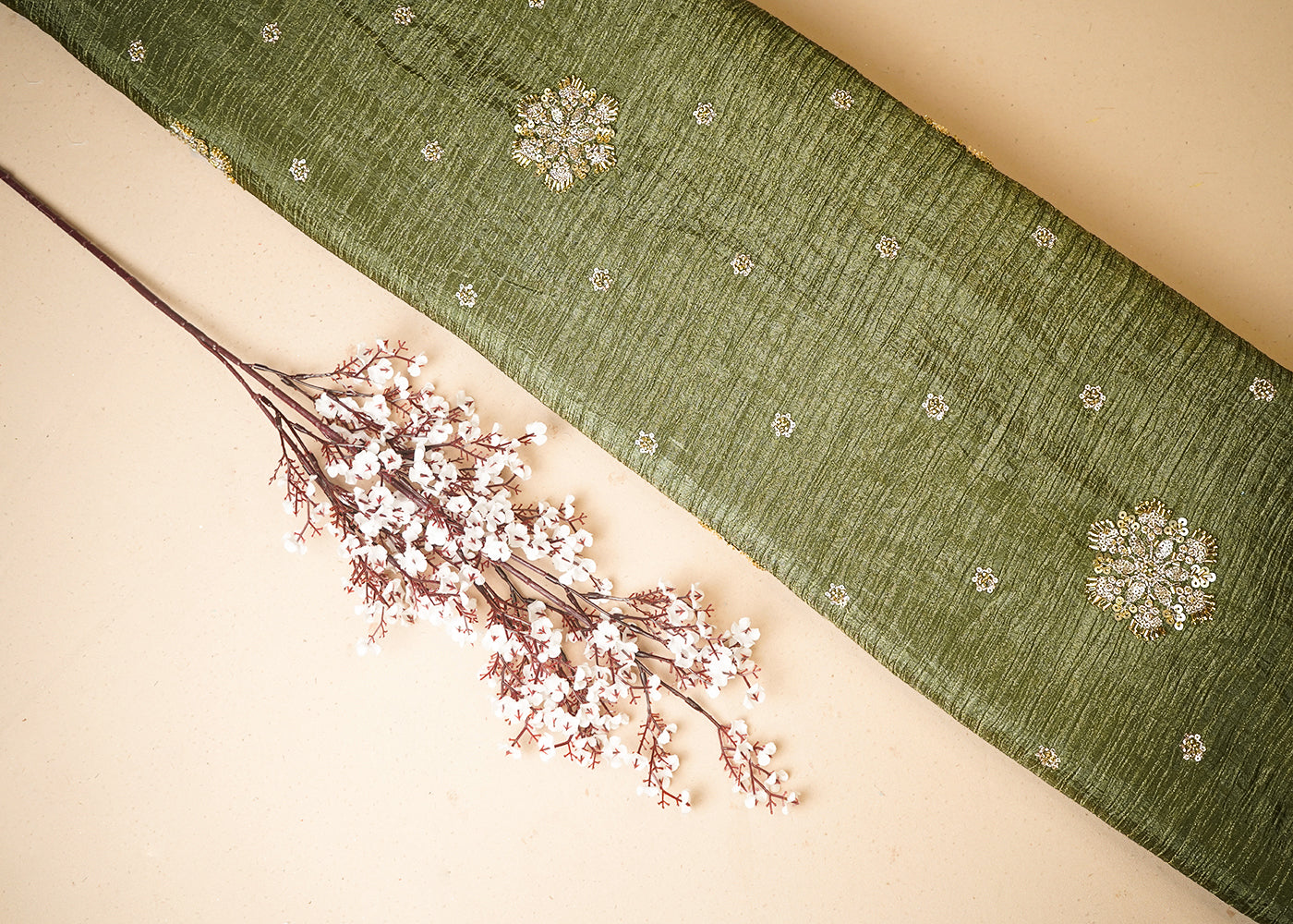 Mehendi Green Tissue Fabric With All Over Floral Print And Sequins, Bead, Katdana Work With Two Side Border 19296