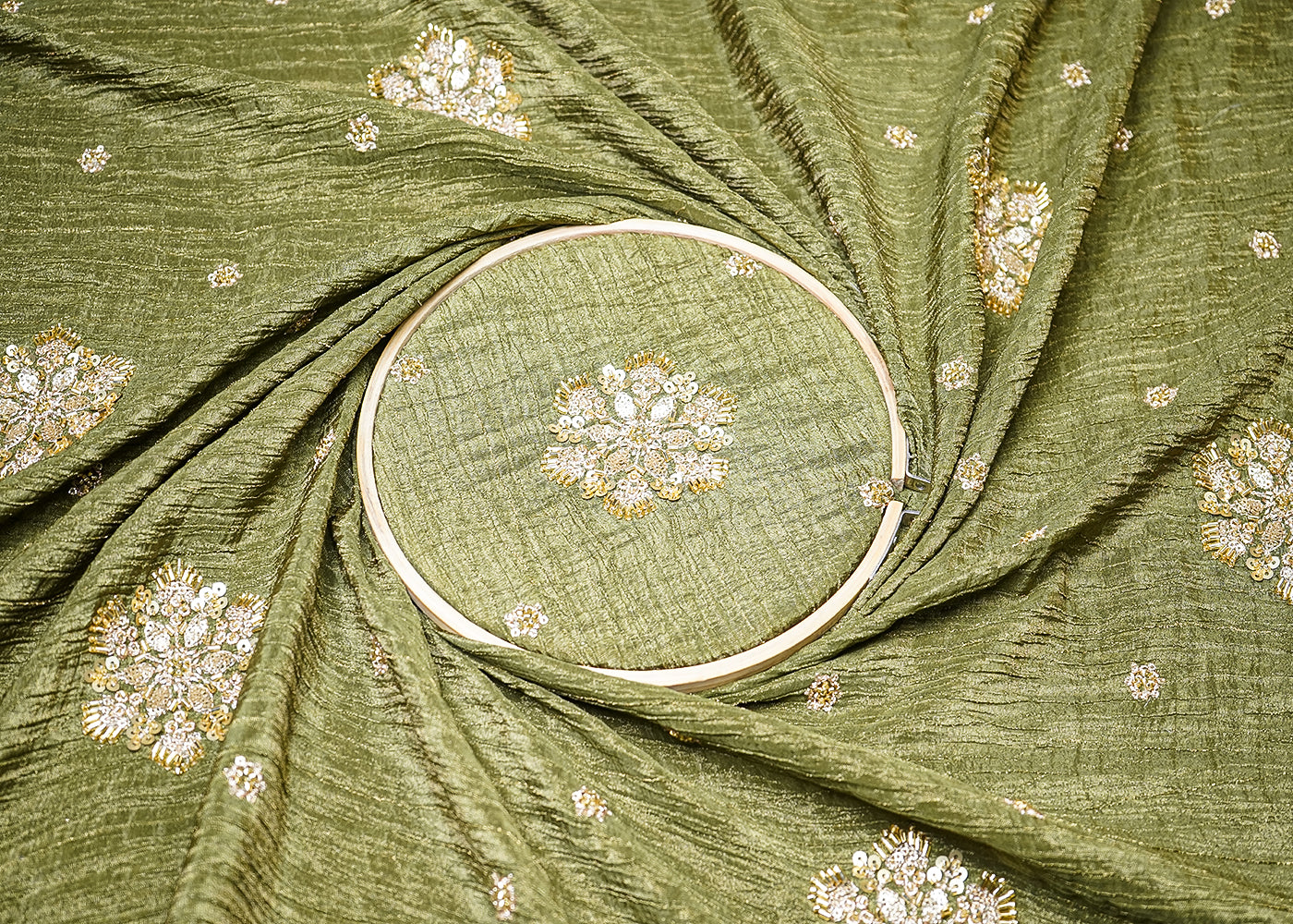 Mehendi Green Tissue Fabric With All Over Floral Print And Sequins, Zari, Bead, Katdana Work With Two Side Border 19296
