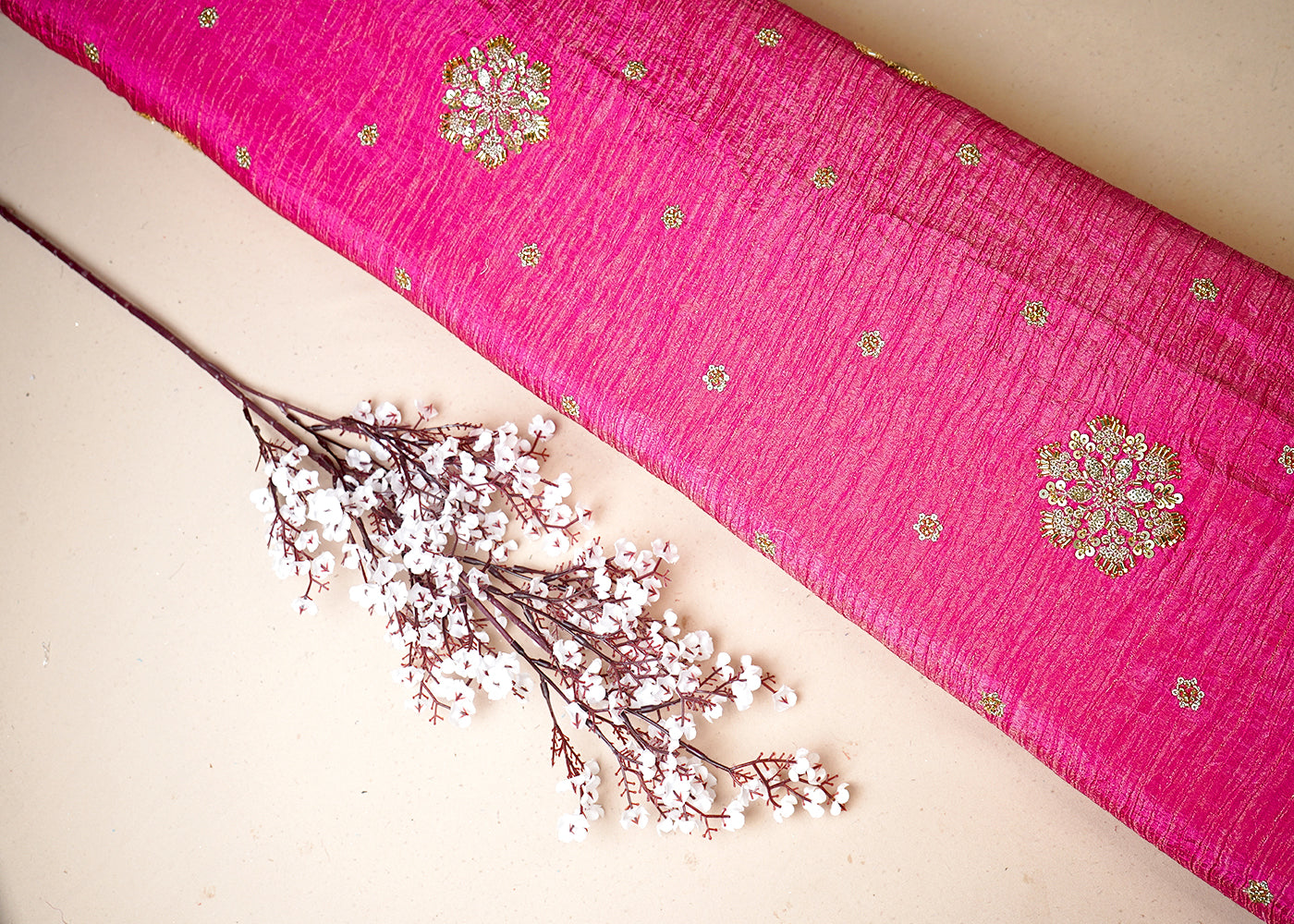 Rani Pink Tissue Fabric With All Over Floral Print And Sequins, Zari, Bead, Katdana Work With Two Side Border 19297