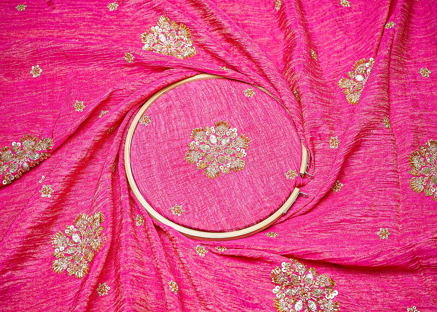 Rani Pink Tissue Fabric With All Over Floral Print And Sequins, Zari, Bead, Katdana Work With Two Side Border 19297