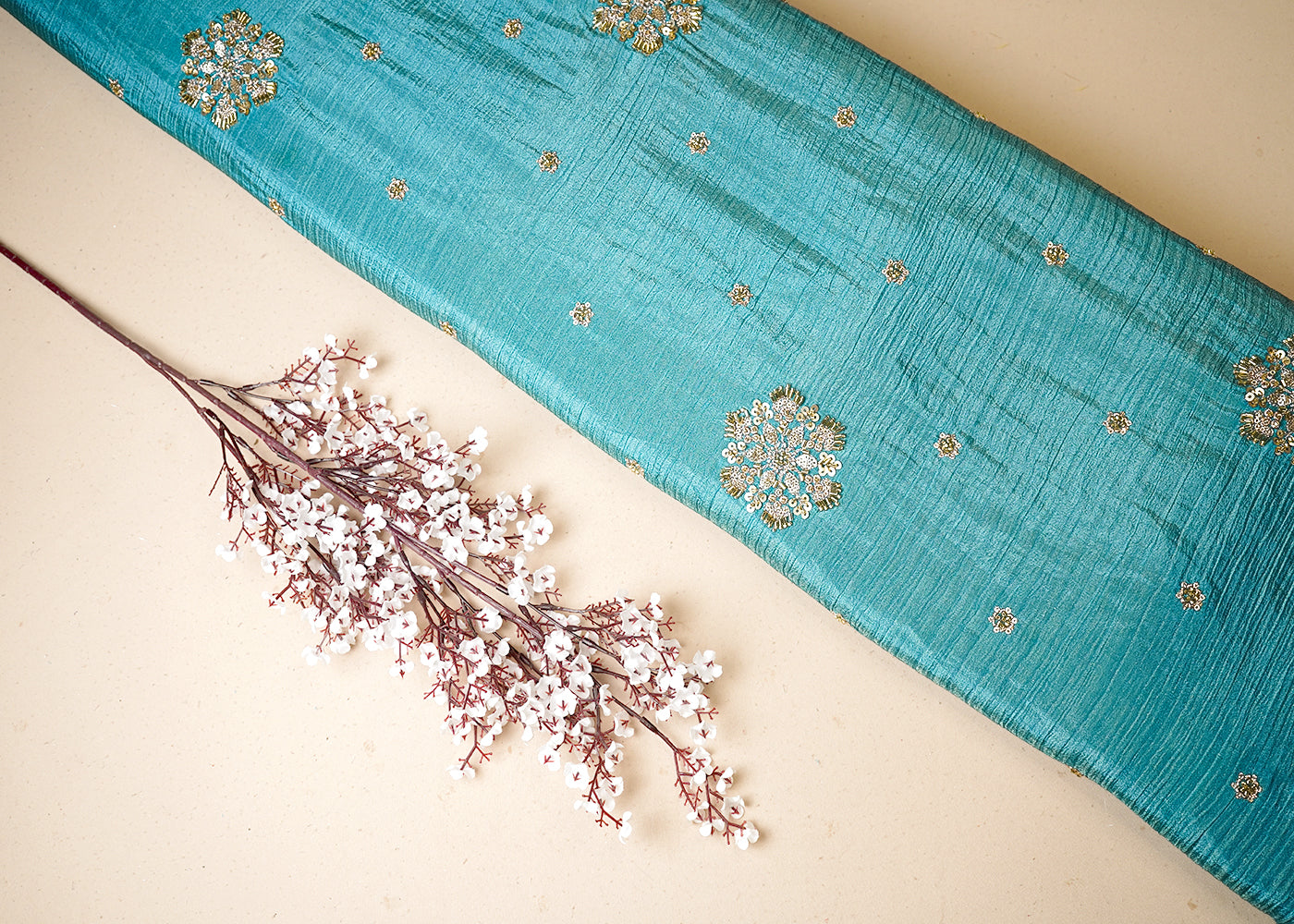 Blue Tissue Fabric With All Over Floral Print And Sequins, Zari, Bead, Katdana Work With Two Side Border 19298