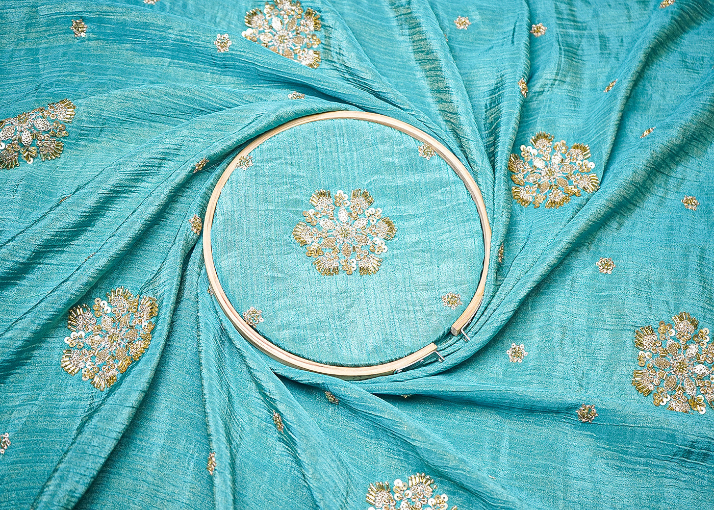 Blue Tissue Fabric With All Over Floral Print And Sequins, Zari, Bead, Katdana Work With Two Side Border 19298