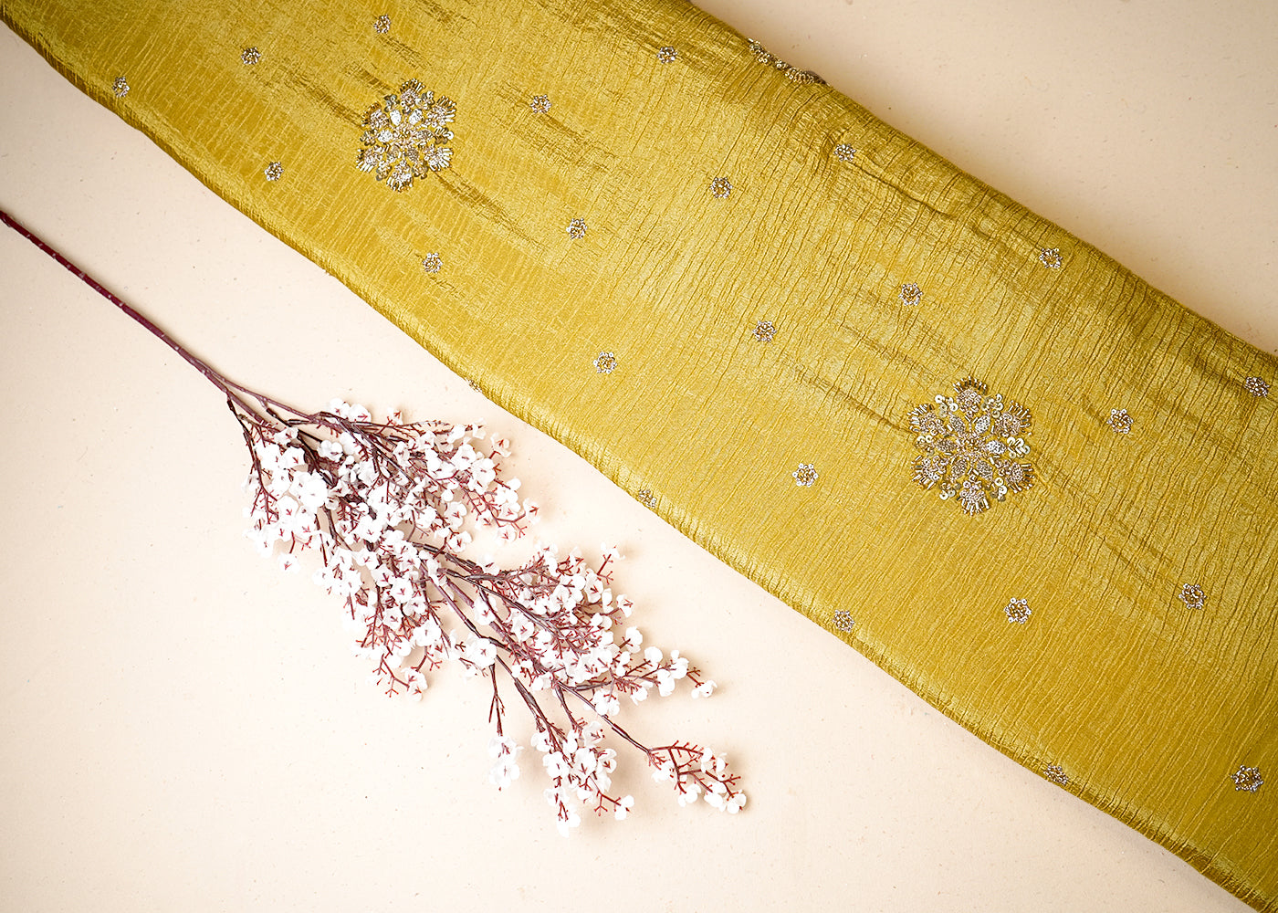 Mustard Tissue Fabric With All Over Floral Print And Sequins, Zari, Bead, Katdana Work With Two Side Border 19299