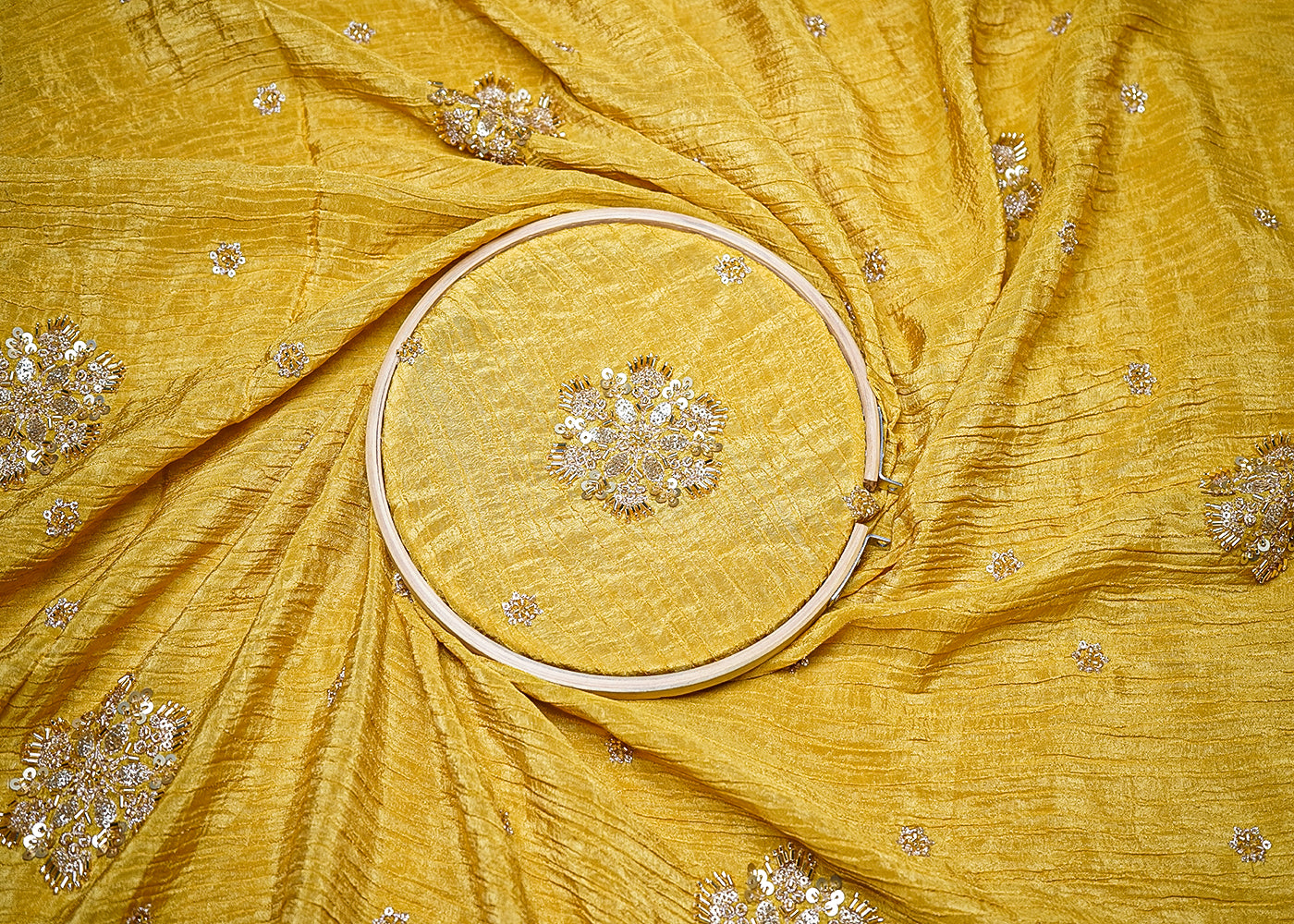 Mustard Tissue Fabric With All Over Floral Print And Sequins, Zari, Bead, Katdana Work With Two Side Border 19299