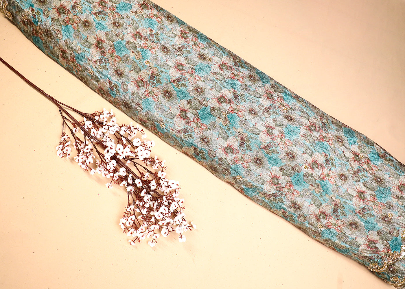 Blue Tissue Fabric With All Over Floral Print And Sequins, Zari, Bead, Katdana Work With Two Side Border 19300