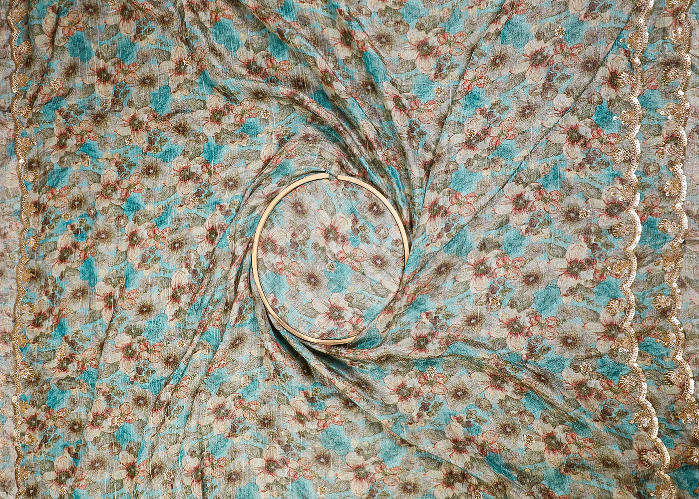 Blue Tissue Fabric With All Over Floral Print And Sequins, Zari, Bead, Katdana Work With Two Side Border 19300