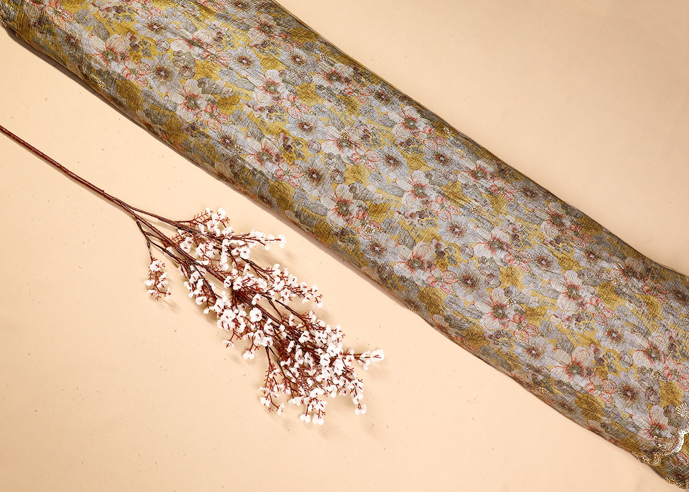 Mustard Tissue Fabric With All Over Floral Print And Sequins, Zari, Bead, Katdana Work With Two Side Border 19301