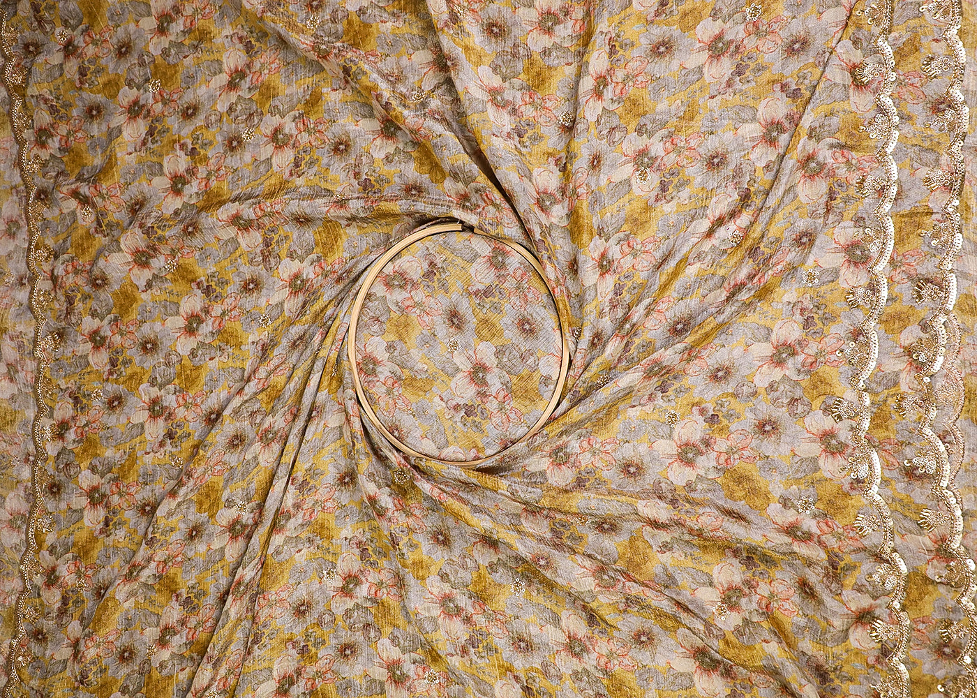 Mustard Tissue Fabric With All Over Floral Print And Sequins, Zari, Bead, Katdana Work With Two Side Border 19301