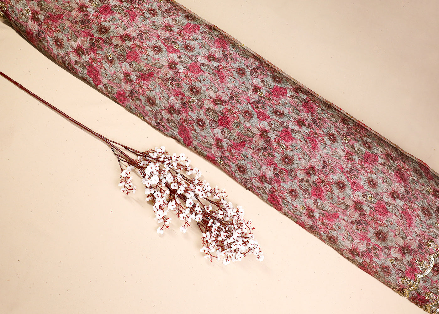 Pink Tissue Fabric With All Over Sequins, Zari, Bead And Katdana Work 19302