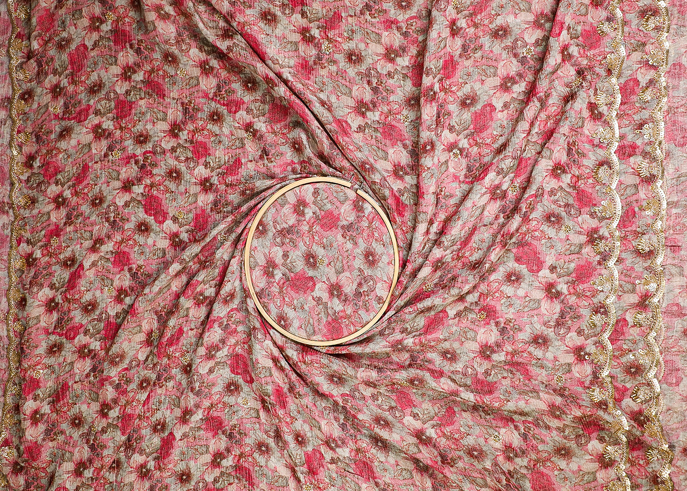 Pink Tissue Fabric With All Over Sequins, Zari, Bead And Katdana Work 19302