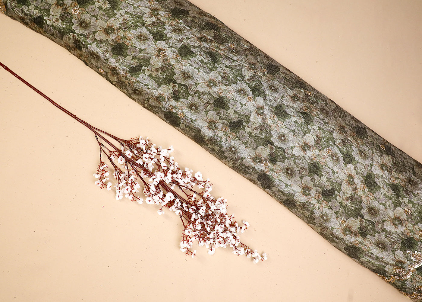Mehendi Green Tissue Fabric With All Over Floral Print And Sequins, Zari, Bead, Katdana Work With Two Side Border 19303