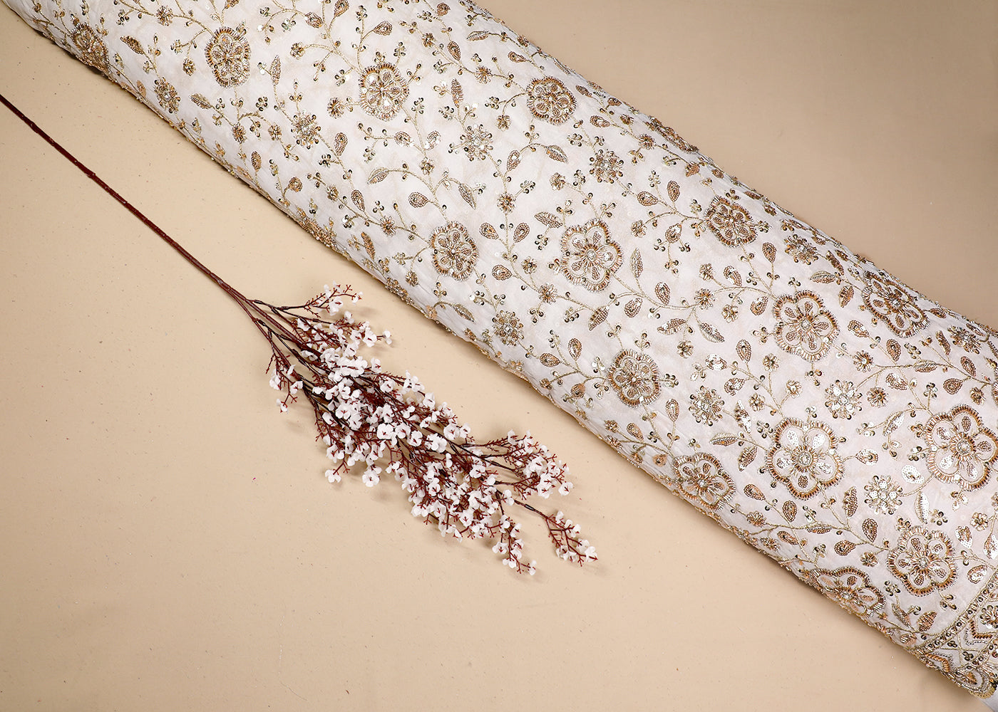 White Georgette Fabric With All Over Katdana, Sequins, Bead And Zari Work With One Side Border 19307
