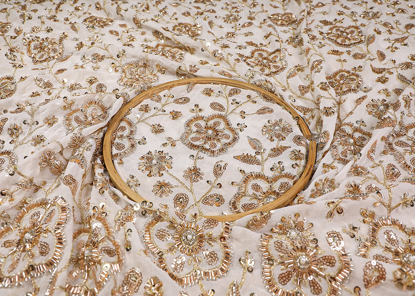 White Georgette Fabric With All Over Katdana, Sequins, Bead And Zari Work With One Side Border 19307