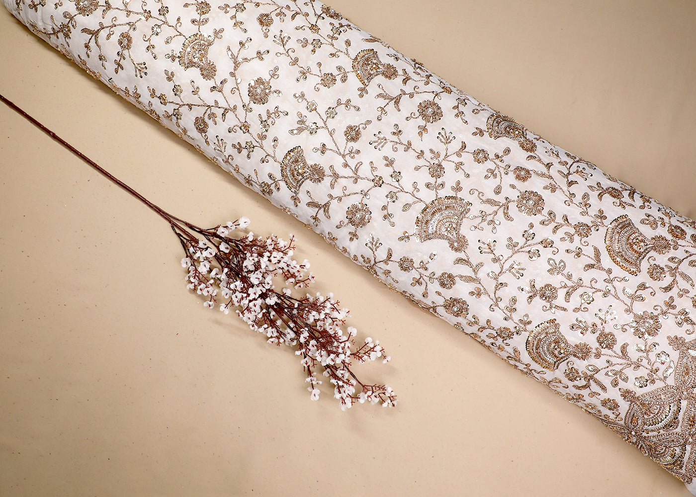 White Georgette Fabric With All Over Katdana, Sequins, Bead And Zari Work With One Side Border 19308