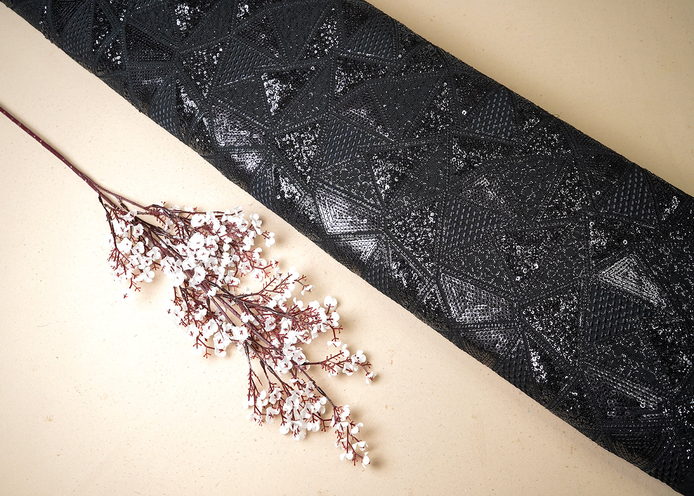 Black Georgette Fabric With All Over Thread And Sequins Work 19311