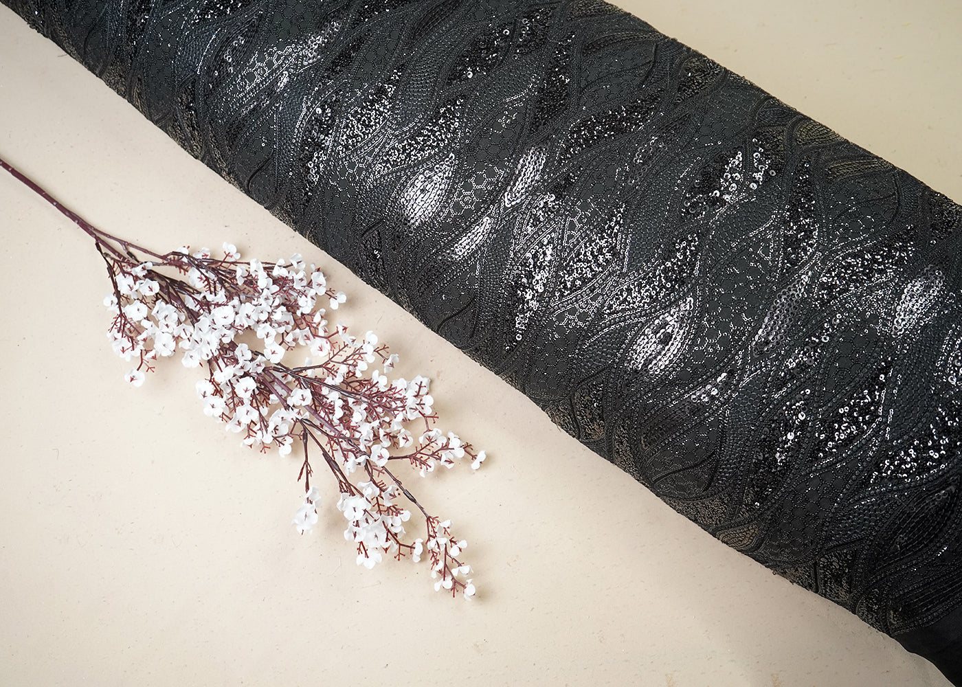 Black Georgette Fabric With All Over Thread And Sequins Work 19312