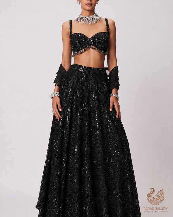 Black Georgette Fabric With All Over Thread And Sequins Work 19312