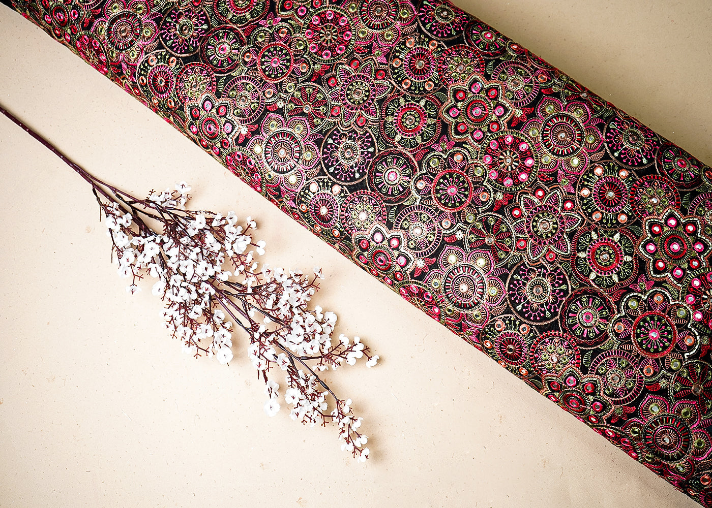 Black Georgette Fabric With All Over Multi-Colour Thread And Faux Mirror Work 19313