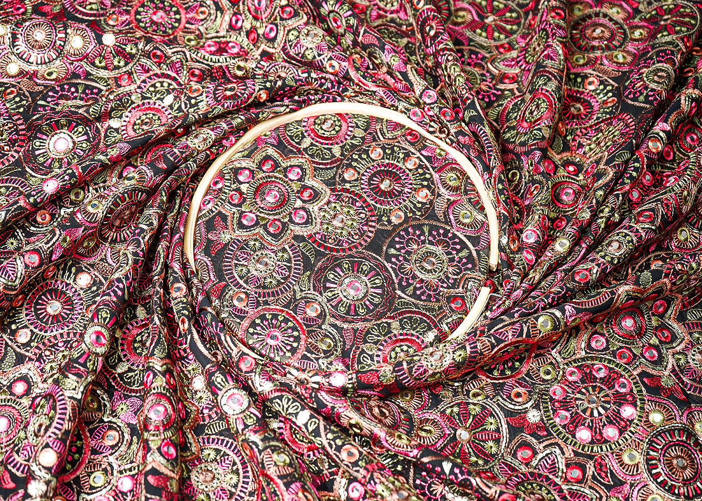Black Georgette Fabric With All Over Multi-Colour Thread And Faux Mirror Work 19313