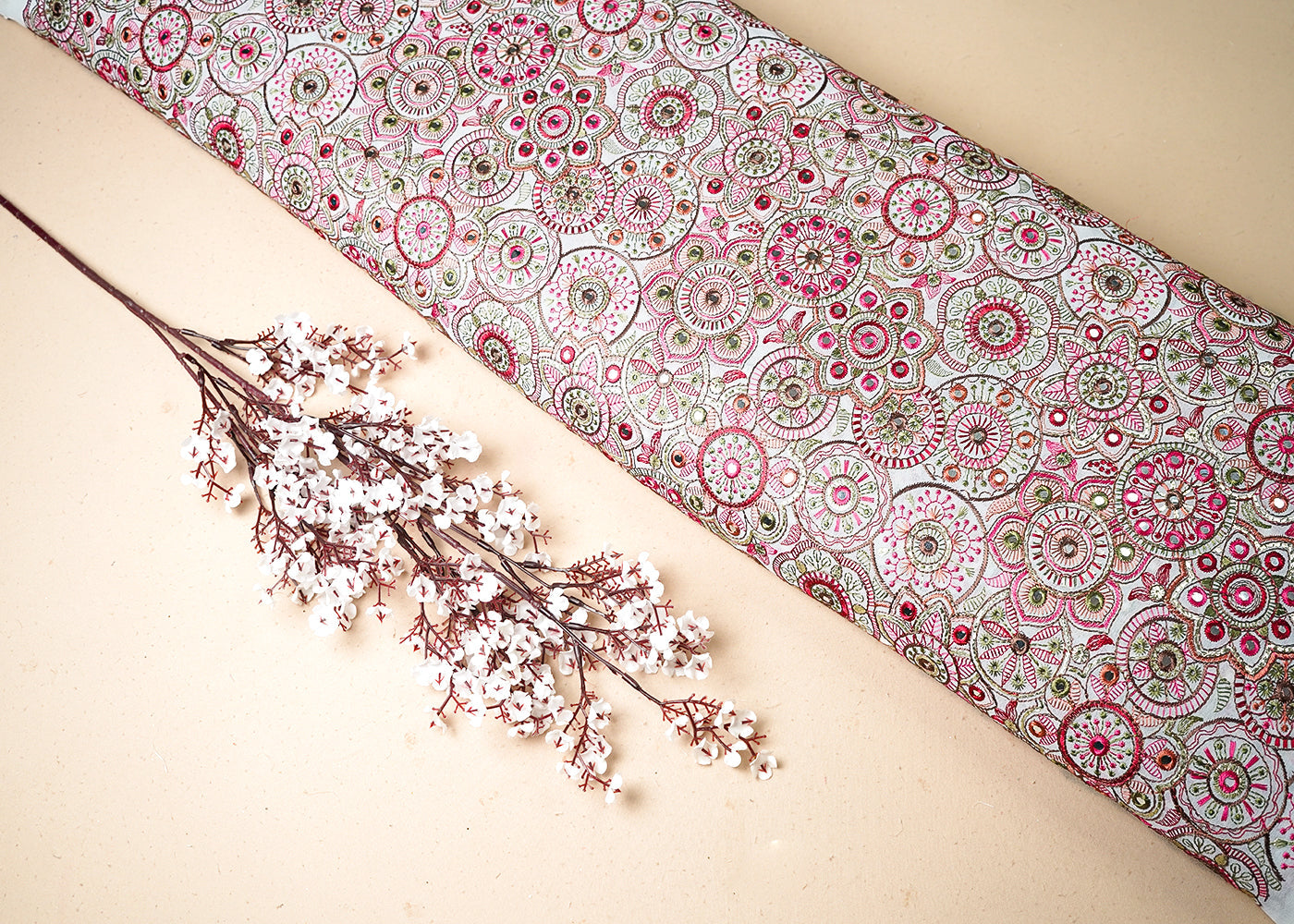 White Georgette Fabric With All Over Multi-Colour Thread And Faux Mirror Work 19314