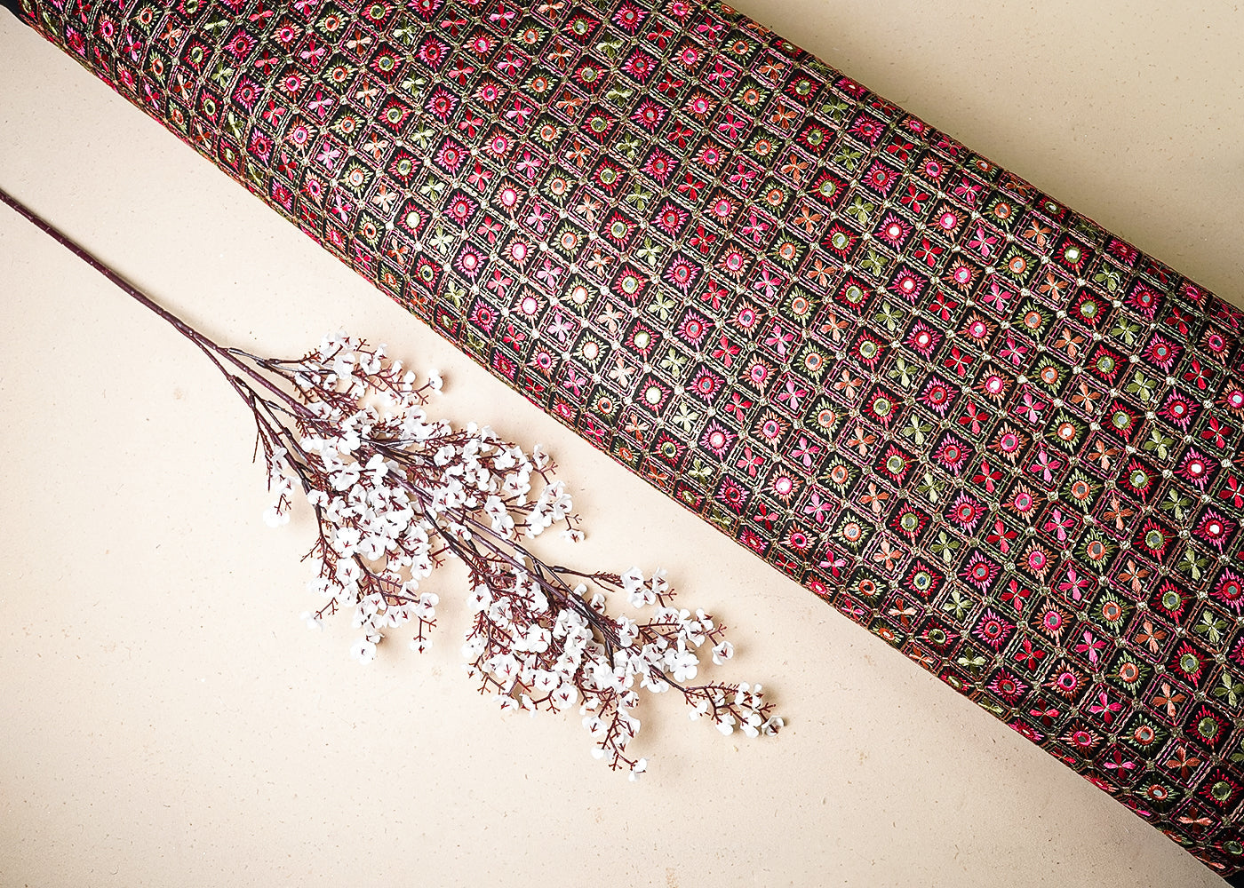 Black Georgette Fabric With All Over Multi-Colour Thread And Faux Mirror Work 19315
