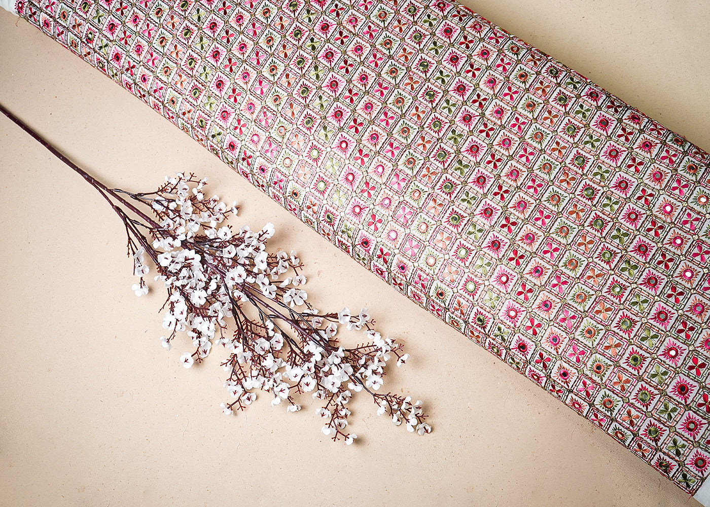 White Georgette Fabric With All Over Multi-Colour Thread And Faux Mirror Work 19316