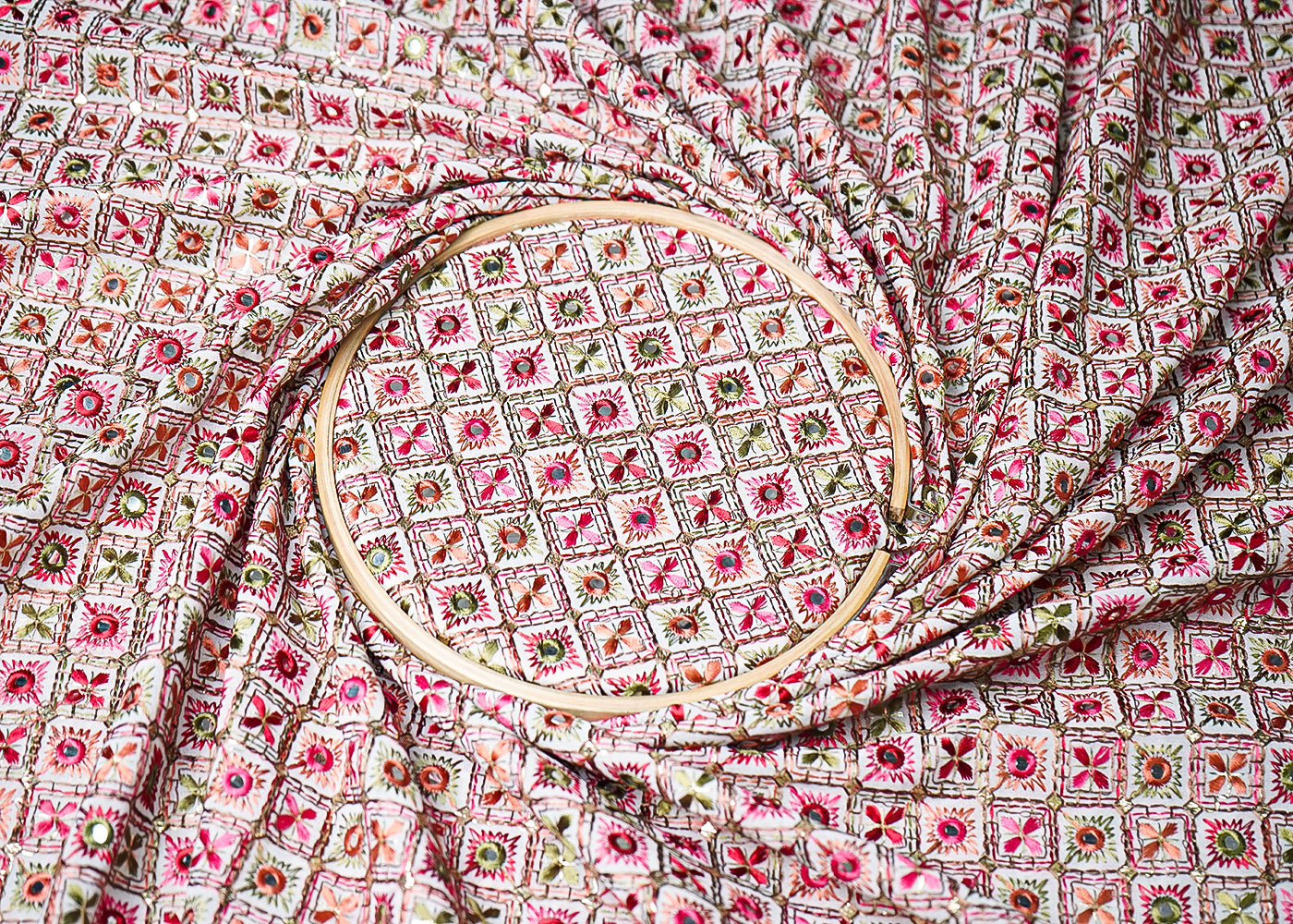 White Georgette Fabric With All Over Multi-Colour Thread And Faux Mirror Work 19316