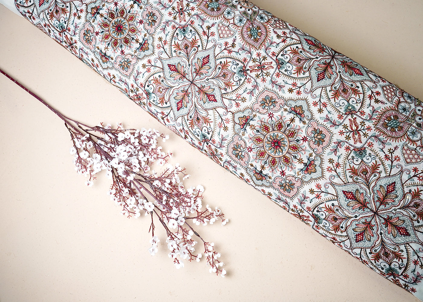 White Georgette Fabric With All Over Multi-Colour Thread And Sequins Work 19317