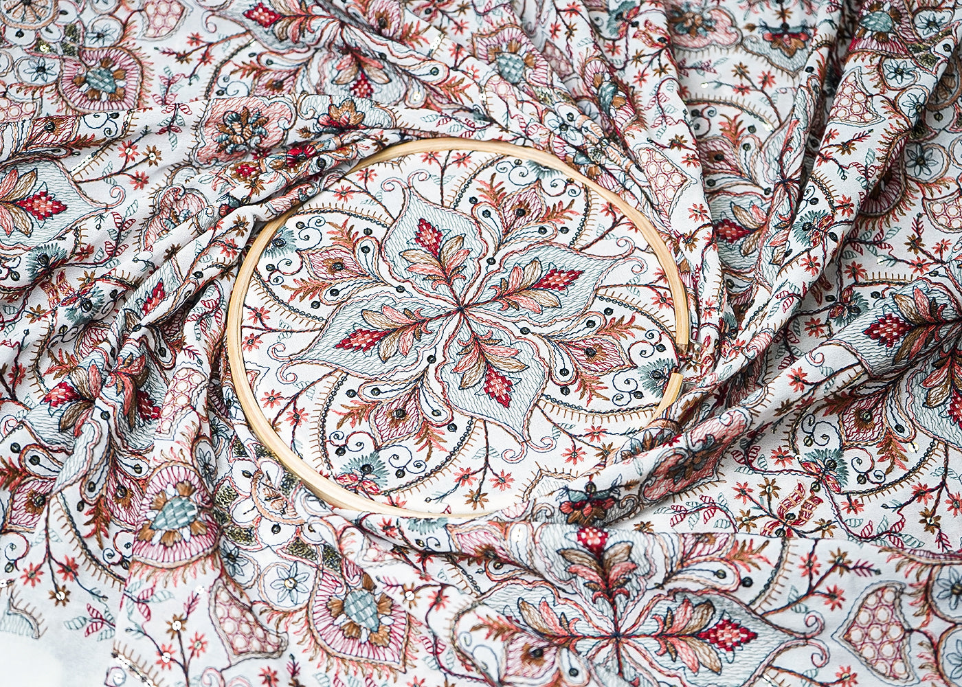 White Georgette Fabric With All Over Multi-Colour Thread And Sequins Work 19317