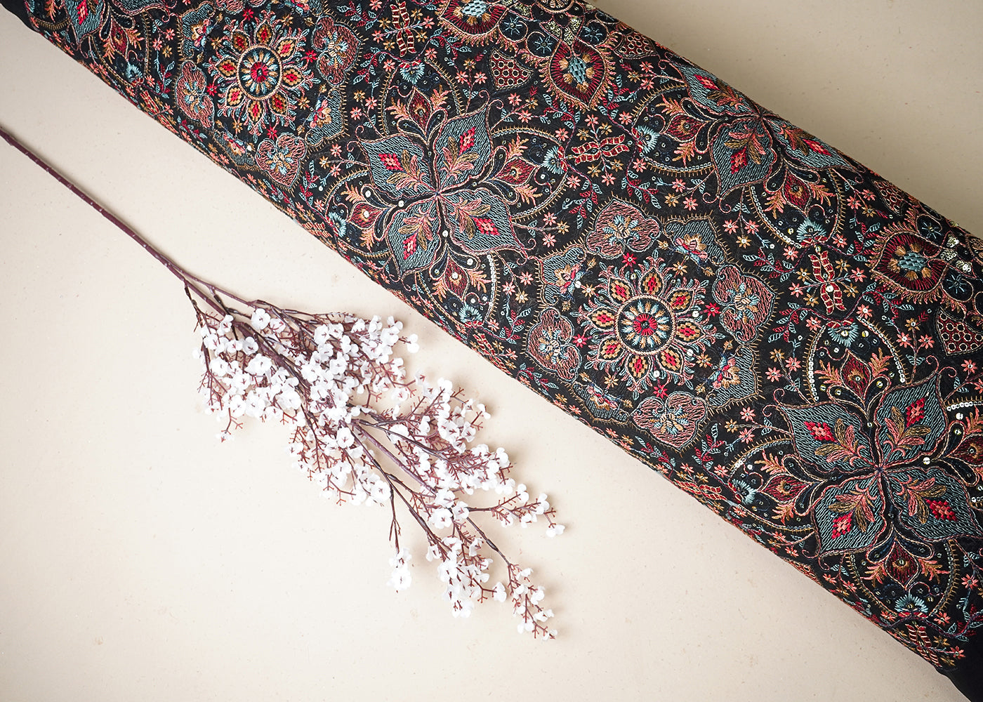 Black Georgette Fabric With All Over Multi-Colour Thread And Sequins Work 19318
