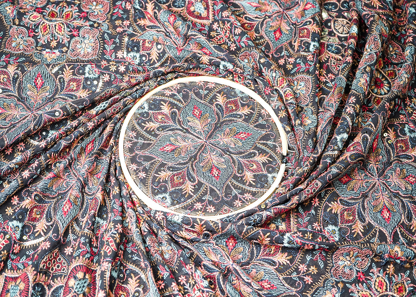 Black Georgette Fabric With All Over Multi-Colour Thread And Sequins Work 19318