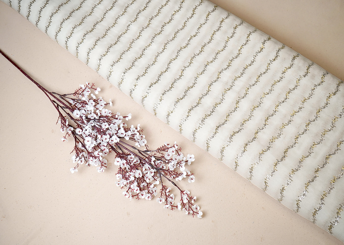 White Georgette Fabric With All Over Thread And Sequins Work 19330