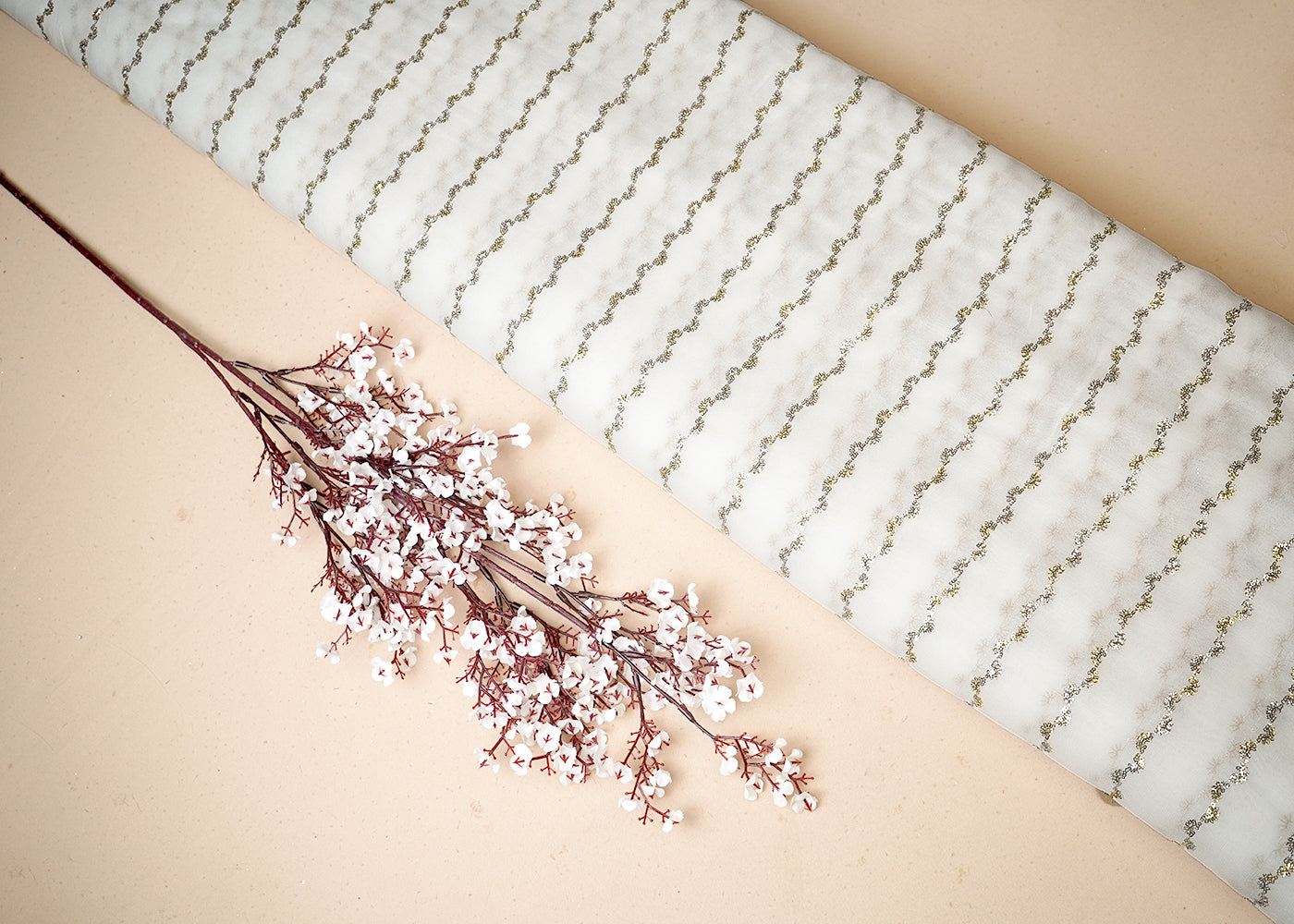 White Georgette Fabric With All Over Thread And Sequins Work 19332