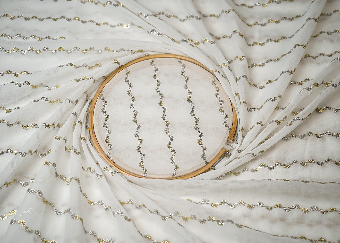 White Georgette Fabric With All Over Thread And Sequins Work 19332