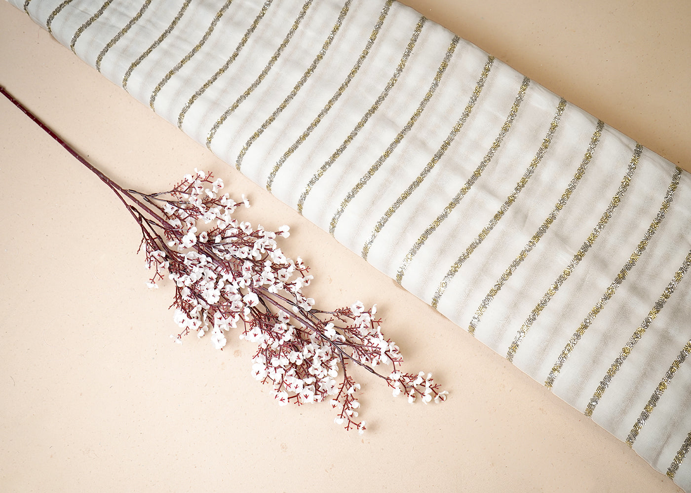 White Georgette Fabric With All Over Thread And Sequins Work 19333