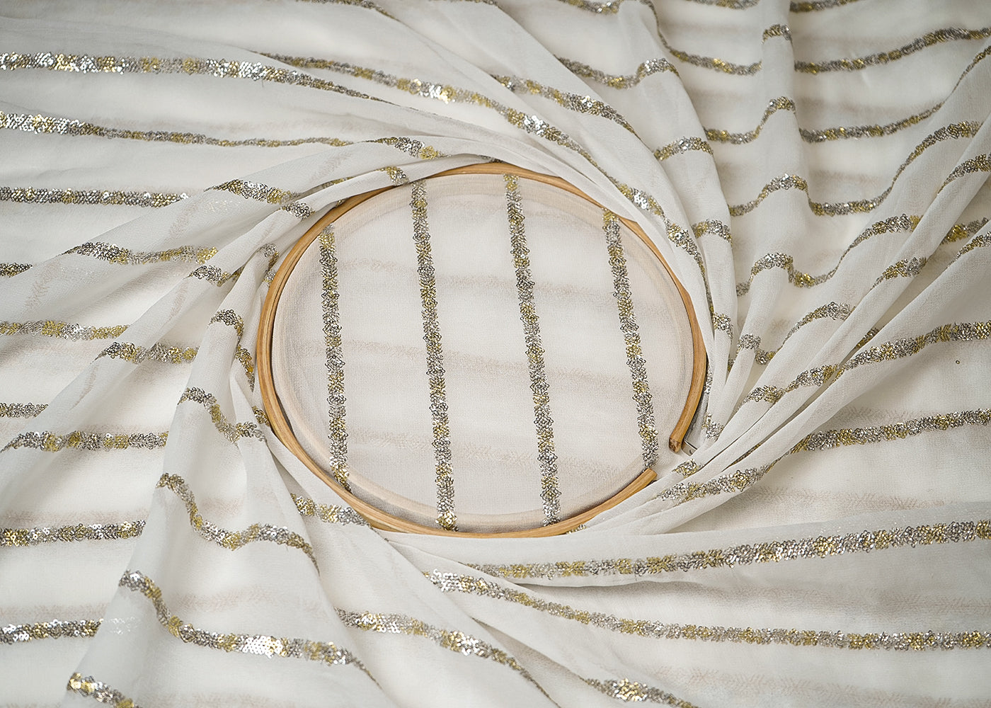 White Georgette Fabric With All Over Thread And Sequins Work 19333