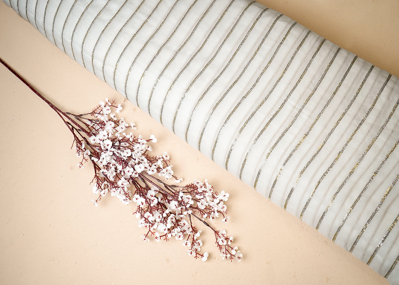 White Georgette Fabric With All Over Thread And Sequins Work 19334