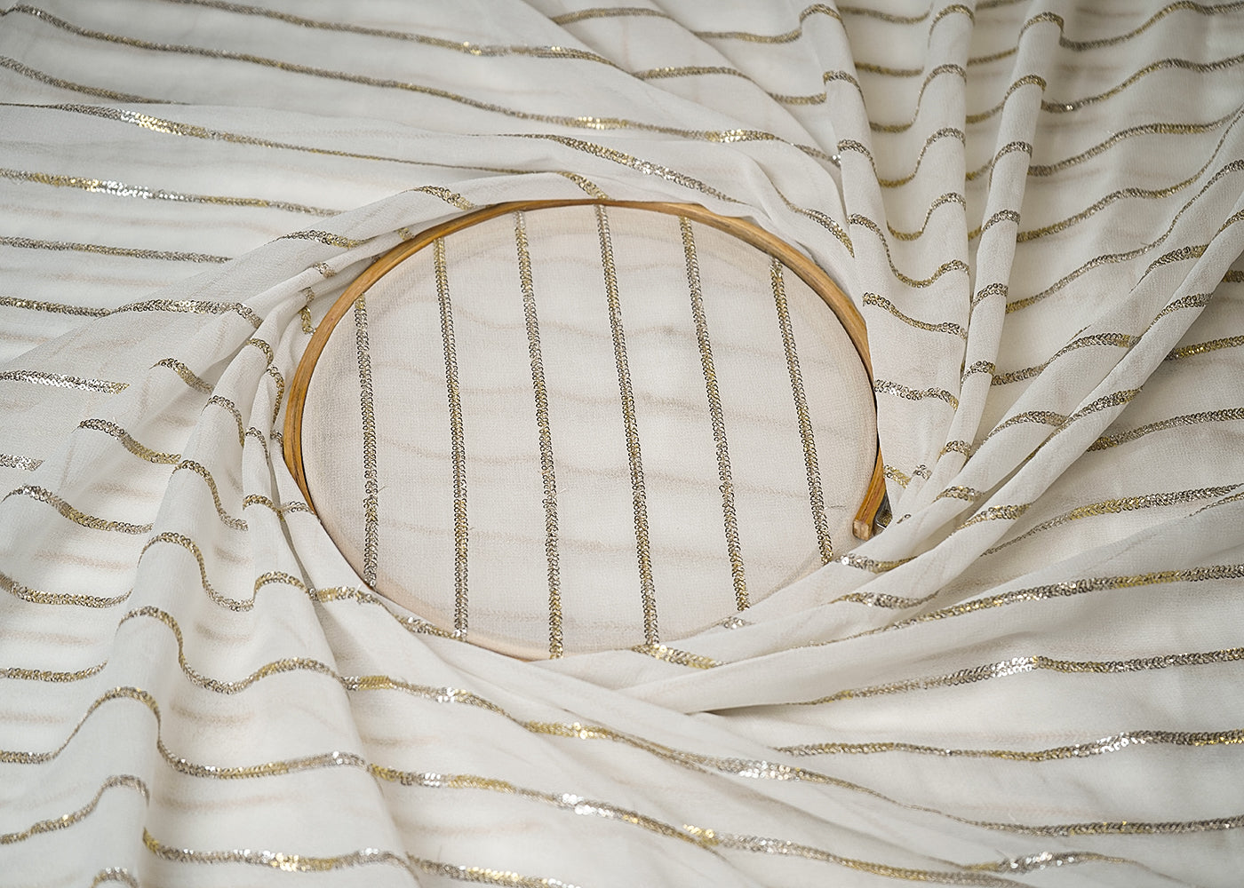 White Georgette Fabric With All Over Thread And Sequins Work 19334