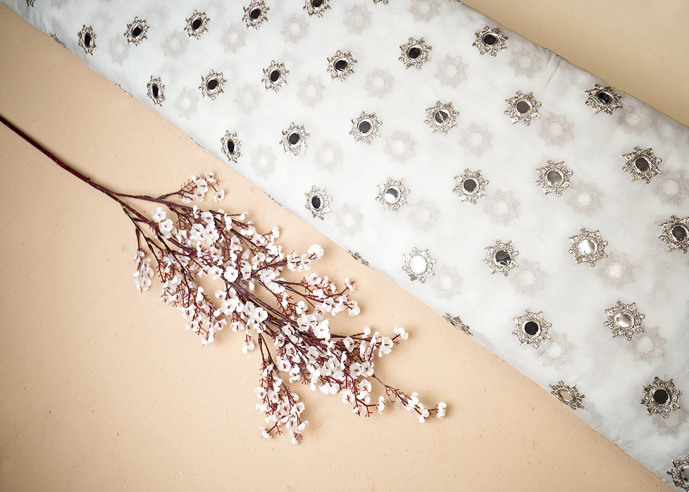 White Georgette Fabric With All Over Zari, Sequins And Faux Mirror Work 19335