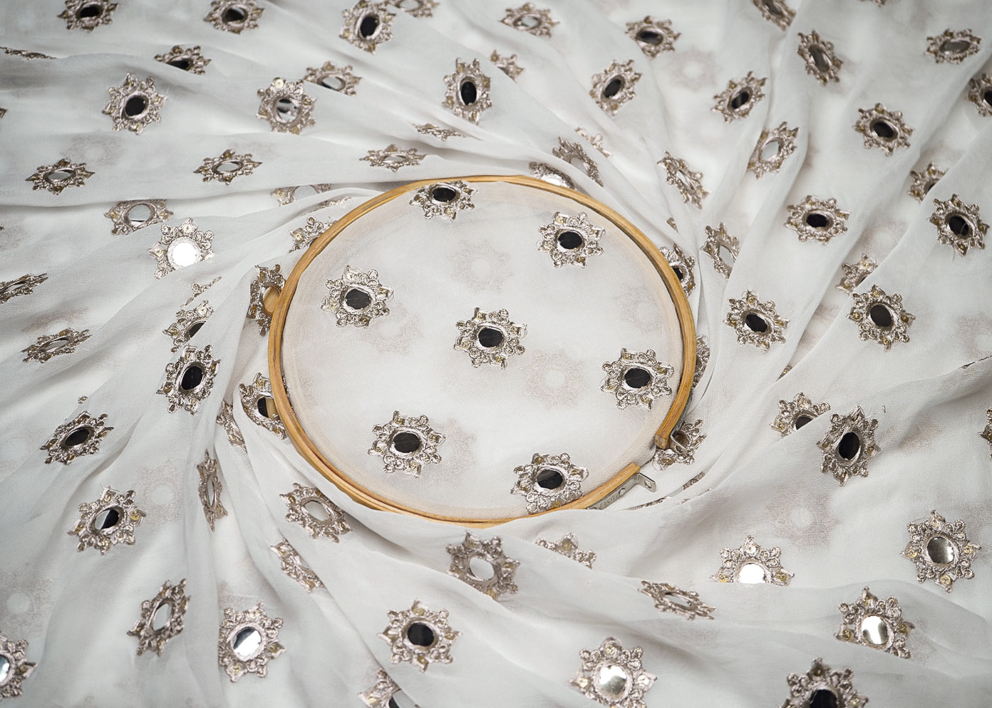 White Georgette Fabric With All Over Zari, Sequins And Faux Mirror Work 19335