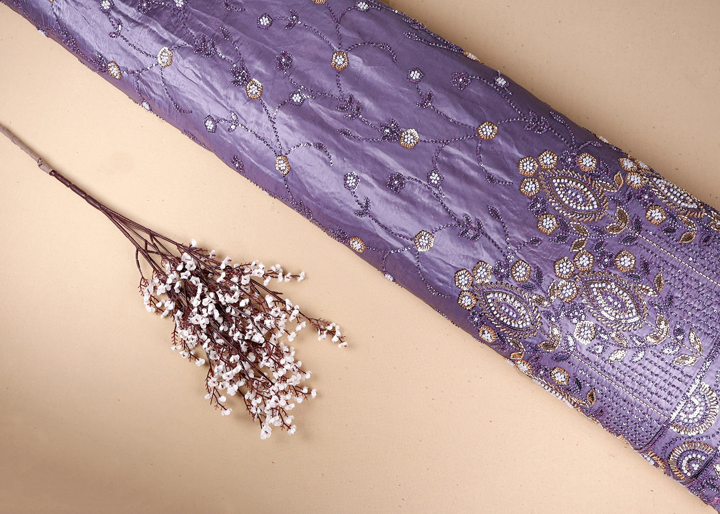 Lavender Organza Fabric With All Over Sequins And Bead Work With One Side Scalloped Border 19341