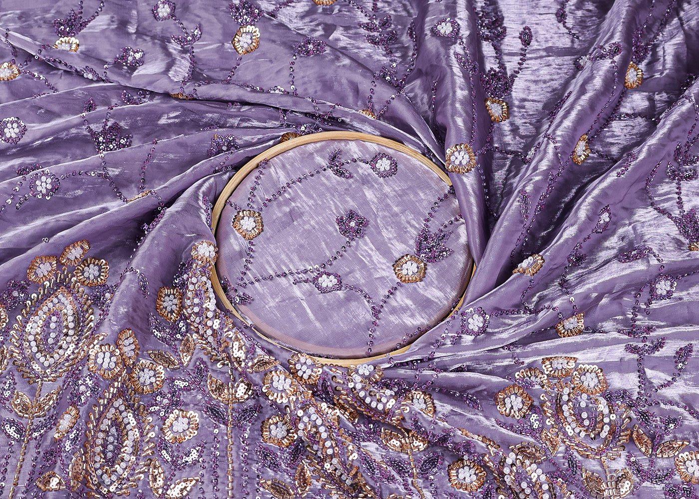 Lavender Organza Fabric With All Over Sequins And Bead Work With One Side Scalloped Border 19341