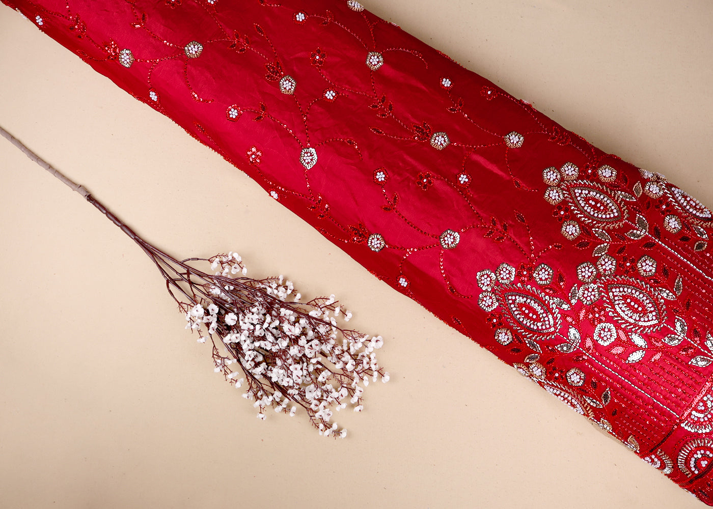 Red Organza Fabric With All Over Sequins And Bead Work With One Side Scalloped Border 19342