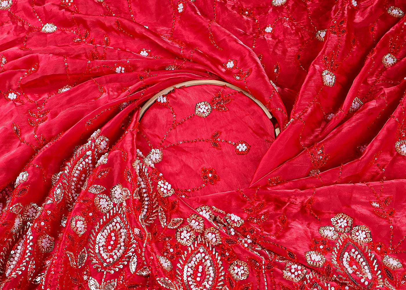 Red Organza Fabric With All Over Sequins And Bead Work With One Side Scalloped Border 19342