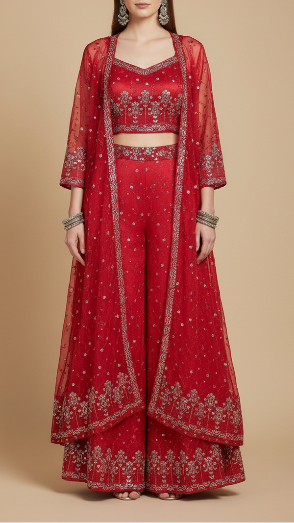 Red Organza Satin Fabric With All Over Sequins And Bead Work With One Side Scalloped Border 19342